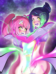  black_hair blush bodysuit breasts coral_(pokemon) eyeshadow femsub glowing_breasts glowing_eyes hair_ornament huge_breasts hypnotized_hypnotist liko_(pokemon) malamar malamar_outfit mega_malamar multiple_subs nintendo nipples open_mouth pink_hair pokemon pokemon_(anime) pokemon_legends_z-a spiral_eyes tongue tongue_out twintails wabuki_(ochirugan) yellow_eyes 