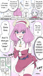    aura_(frieren:_beyond_journey&#039;s_end) aware bangs bare_shoulders blue_eyes blush body_control braid breasts christmas demon demon_girl dialogue dress elf elf_ears embarrassed fangs female_only femdom femsub frieren frieren:_beyond_journey&#039;s_end green_eyes hard_translated horns kyouka_asuka_(asatteka_1111) open_mouth pink_hair ring_eyes santa_costume santa_hat short_hair smile standing sweat tears text thighhighs translated twintails white_hair 
