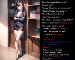  ai_art bangs bare_legs black_hair brown_eyes caption caption_only cleavage crossed_arms dialogue dress_shirt female_only femsub gregory_michelson_(generator) high_heels legs long_hair looking_at_viewer male_pov maledom manip miniskirt office_lady original pov short_skirt skirt solo standing suit text 