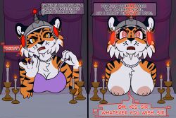 apomfox breasts candle claws earrings expressionless femsub furry helmet humiliation instant_loss julia_(memes) large_breasts maledom nipples solo spiral_eyes tech_control text tiger_girl topless undressing