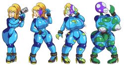blonde_hair bodysuit breast_expansion breasts curvy discolored_nipples erect_nipples high_heels huge_breasts huge_hips knees_together large_hips latex legs long_hair metroid_(series) mole monster_girl nintendo non-human_feet piranha_plant plant_girl ponytail prinnydood samus_aran sequence super_mario_bros. torn_clothes transformation zero_suit