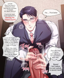  altered_common_sense black_hair blush cheating dduck_you dialogue empty_eyes expressionless glasses handjob hard_translated male_only male_pov maledom malesub muscle_boy netorare penis pink_eyes suit text translated yaoi 