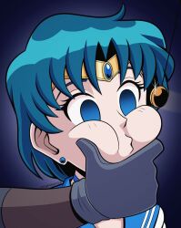  ahoge bangs blue_background blue_eyes blue_hair cheek_squish chin_hold choker coin defeated earrings empty_eyes femsub gloves gradient_background headdress imightbemick jewelry magical_girl pendulum sailor_mercury sailor_moon_(series) short_hair 