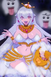  absurdres boo_(mario) booette bracelet breasts cleavage clothed crown earrings elf_ears evil_smile eyeshadow femdom gangstargab genie geniefication ghost ghost_girl hourglass_figure hypnotic_eyes jewelry large_breasts looking_at_viewer makeup midriff multicolored_eyes navel necklace nintendo open_mouth pov pov_sub ring_eyes signature smile spiral super_crown super_mario_bros. text thighhighs tongue tongue_out transformation very_long_hair watermark white_hair 