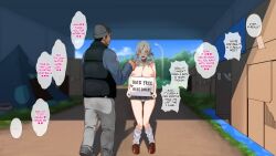  altered_common_sense amano_don blonde_hair blue_eyes blush breasts clothed dialogue femsub hard_translated nipples nude outdoors prostitution saimin_revenge sign skirt tachibana_risa text topless translated twintails 