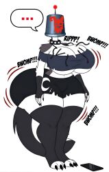  antenna ass_expansion breast_expansion bucket_helmet comic femsub glamrockmangle12 helluva_boss loona_(helluva_boss) phone solo speech_bubble standing_at_attention tagme tech_control text wolf_girl 