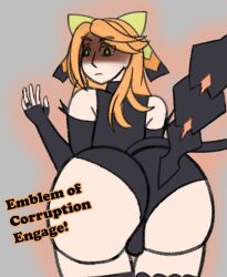 ass_focus bare_shoulders bodysuit enemy_conversion etie_(fire_emblem) female_only fingerless_gloves fire_emblem fire_emblem_engage gloves green_eyes hair_ornament hair_ribbon kronya kronya_outfit long_hair nintendo orange_hair ring tail usakiki