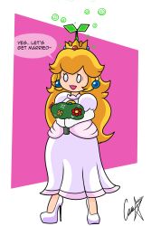  blonde_hair empty_eyes floro_sprout flower happy_trance hypnotic_plant paper_mario princess_peach shyker soropin standing standing_at_attention super_mario_bros. super_paper_mario text wedding_dress 
