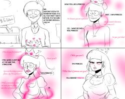  breast_expansion breasts cleavage comic crown femsub glasses good_sub_conditioning gradient_text hypnotic_object loskos monochrome nerd original piercing princess princessification red_eyes sketch text white_background 