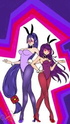 blush breasts bunny_ears bunny_girl bunnysuit cleavage cuffs fake_animal_ears fate/grand_order fate_(series) female_only femsub glowing glowing_eyes hand_on_hip high_heels large_breasts long_hair looking_at_viewer minamoto_no_raikou multiple_girls multiple_subs orphan2 pink_eyes purple_hair scathach_(fate/grand_order) smile