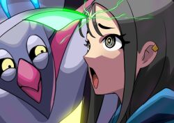 black_hair earrings femsub finger_to_forehead horosuke_(toot08) lida_(pokemon) long_hair malamar mega_malamar nintendo open_mouth pokemon pokemon_(creature) pokemon_legends_z-a ring_eyes tentacles