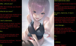  breasts caption caption_only cleavage fate/extra fate/grand_order fate_(series) female_only femdom grey_hair hand_on_another&#039;s_cheek huge_breasts hypnotic_breasts i_mi_zu large_breasts looking_at_viewer male_pov manip mashu_kyrielight open_mouth pink_hair pov pov_sub resisting short_hair smile text white_hair 