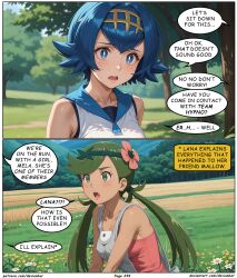  ai_art blue_hair dark_skin devianbar dialogue green_hair lana_(pokemon) long_hair mallow_(pokemon) nintendo pokemon short_hair text 