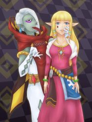 akuba black_eyes blonde_hair blue_eyes cape dress earrings elf_ears evil_smile expressionless eyeshadow face_paint ghirahim gloves hand_on_another&#039;s_cheek hood lipstick long_hair long_tongue looking_at_viewer maledom nintendo open_mouth opera_gloves pale_skin princess_zelda skyward_sword smile the_legend_of_zelda tight_clothing tongue tongue_out white_hair