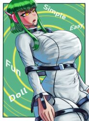 absurdres blush breasts c.c. code_geass empty_eyes female_only femsub foolycooly geass glowing glowing_eyes green_hair headphones large_breasts short_hair tech_control text