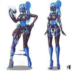 absurdres ahegao before_and_after black_sclera blue_eyes blue_hair bodysuit bondage collar corset erect_nipples_under_clothes eye_roll femsub high_heels knee-high_boots kneehighs latex long_hair metroid_(series) nintendo open_mouth pink_eyes ponytail resisting rosvo samus_aran simple_background slime standing standing_at_attention tagme tongue tongue_out transformation white_background zero_suit