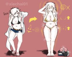  absurdres ass_expansion bare_legs before_and_after bikini brain_drain breast_expansion chubby drool expressionless eye_color_change female_only femsub furry golden_swimsuit hypnotic_clothing long_hair midriff navel original red_background red_eyes saluting sandals short_shorts shorts signature simple_background thigh_gap undressing xiechai01 yellow_eyes 