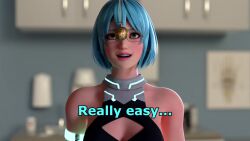  3d animated blue_eyes blue_hair cleavage dead_or_alive femsub glasses nico_(dead_or_alive) pendulum pocket_watch short_hair text video vynil 