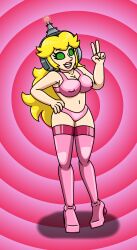  absurdres antenna blonde_hair breasts cleavage collarbone female_only fembot femsub green_eyes hand_on_hip happy_trance headphones high_heels latex lipstick makeup navel nintendo pink_lipstick princess princess_peach robotization simple_background smile solo spiral_background spiral_eyes standing super_mario_bros. supertechno324 swimsuit symbol_in_eyes tech_control thigh_boots thighhighs v very_long_hair 