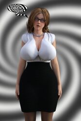 3d blonde_hair breasts debra_sampson_(theheckle) dialogue drool female_only femsub glasses large_breasts long_skirt milf necklace original skirt solo spiral spiral_eyes symbol_in_eyes teacher text theheckle