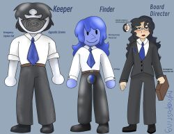 androgynous_dom androgynous_sub black_hair blue_eyes blue_hair blue_skin certa_solutions corporatification costume dazed empty_eyes expressionless femdom finder_(certa_solutions) forced_employee glasses grey_skin hypnoposting hypnotic_accessory hypnotic_screen hypnotized_hypnotist keeper_(certa_solutions) latex living_costume null_bulge office_lady original rubber shiny_skin suit suitcase tech_control text