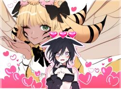  airf14 bee_girl black_hair blonde_hair blush cat_girl charm_(spell) dark_skin female_only femdom femsub final_fantasy final_fantasy_xiv gameplay_mechanics green_eyes heart heart_eyes honey_b._lovely hypnotic_magic looking_at_viewer love miqo'te one_eye_open smile square_enix sweat symbol symbol_in_eyes warrior_of_light wings wink yuri 