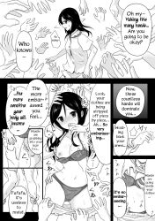  blush bra breast_grab breasts comic female_only femdom femsub finger_in_mouth groping hard_translated horochi illusion large_breasts long_hair monochrome original panties phantom_hand sweat text translated underwear undressing 