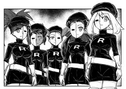  breasts corruption dark_skin empty_eyes enemy_conversion female_only femsub flannery greyscale hat hypnotic_accessory large_breasts long_hair looking_at_viewer mask may monochrome nintendo phoebe_(pokemon) pokemon pokemon_ruby_sapphire_and_emerald pokemon_special roxanne short_hair skirt standing standing_at_attention team_rocket tousyoku twintails uniform winona 