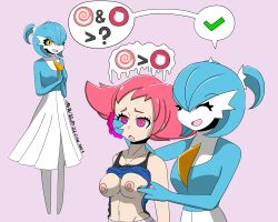  absurdres alternate_color_scheme bangs bare_breasts blue_hair breasts cleavage clothed_exposure collarbone confused dazed dialogue erect_nipples expressionless female_only femdom femsub gardevoir groping hand_on_another&#039;s_cheek hypnotic_touch large_breasts magic maylene monster_girl navel nintendo nipples no_bra open_mouth pink_hair pokemon pokemon_diamond_pearl_and_platinum psychic shirt_lift short_hair signature simple_background smile sobergin speech_bubble spiral_eyes standing sweat text twintails undressing 
