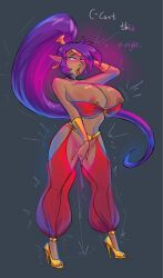 alternate_costume bimbofication blush breasts cleavage cuddlesword dark_skin dialogue earrings elf_ears english_text eye_color_change female_only femsub fingering glowing glowing_eyes hand_on_hip high_heels huge_breasts masturbation midriff nail_polish navel ponytail purple_eyes purple_hair pussy_juice shantae shantae_(series) simple_background solo text toenail_polish tongue very_long_hair