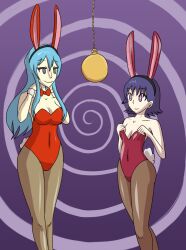 bangs blue_hair bow_tie breasts bunny_ears bunny_girl bunnysuit cleavage collarbone cuffs eirika_(fire_emblem) fake_animal_ears fake_tail female_only femsub fire_emblem fire_emblem_the_sacred_stones happy_trance holding_breasts long_hair lute_(fire_emblem) multiple_girls multiple_subs mythkaz nintendo pantyhose pendulum purple_background purple_eyes purple_hair short_hair simple_background small_breasts smile spiral_background spiral_eyes standing 