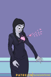  absurdres accidental_hypnosis bimbofication female_only femsub goth mr_scade open_mouth self_hypnosis solo the_addams_family tongue transformation twintails weapon wednesday_addams 