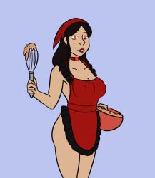 apron black_hair bottomless breasts cleavage domestication elektra empty_eyes erect_nipples female_only femsub glowing glowing_eyes happy_trance large_breasts littleinksheep long_hair marvel_comics naked_apron open_mouth red_eyes smile standing super_hero tech_control