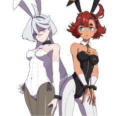  ahoge bare_shoulders batta18th blue_eyes blush breasts bunny_ears bunny_girl bunnysuit cuffs dark_skin expressionless fake_animal_ears female_only femsub gundam_(series) gundam_the_witch_from_mercury headband justchilling_(manipper) long_hair looking_at_viewer manip miorine_rembran multiple_girls multiple_subs open_mouth pale_skin pantyhose red_hair short_hair silver_hair simple_background solo standing suletta_mercury tie white_background 