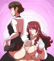  ass bottomless braid breasts brown_hair buttjob collaboration drill_hair erect_nipples femsub glowing glowing_eyes happy_trance large_breasts large_penis long_hair looking_at_viewer looking_back majinsfw makoto_niijima male_pov mitsuru_kirijo multiple_girls multiple_subs nude open_clothes open_mouth paizuri penis persona_(series) persona_3 persona_5 pink_eyes pov pov_dom red_hair school_uniform short_hair sitting_on_lap skirt smile thighhighs topless 