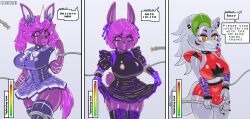  absurdres bow bow_tie bulge bunny_boy bunny_ears cosplay dressing english_text eyeshadow five_nights_at_freddy's five_nights_at_freddy's:_security_breach furry goth gothification metiore original pink_eyes pink_hair pink_lipstick purple_skin roxanne_wolf tail tech_control text twintails uma_musume 