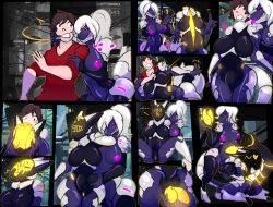 amby bodysuit breasts brown_hair comic corruption digos drone evil_smile expressionless femdom furry glowing large_breasts latex living_costume long_hair malesub mask mxl progress_indicator purple_skin robot robotization shark_girl smile tech_control transformation transgender white_hair