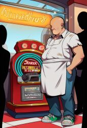    ai_art bald clothed english_text environmental_text faceless faceless_male lily_clown_(generator) male_only music_player pants shoes solo sparkle standing text 