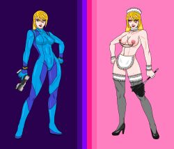  abs absurdres alternate_hairstyle apron bare_breasts before_and_after blonde_hair blue_eyes bodysuit bottomless bracelet breasts collar collarbone cuffs feather_duster femsub frills gun hand_on_hip heart_eyes high_heels legs light_skin lipstick maid maid_headdress makeup metroid_(series) midriff mspainter muscle_girl navel nintendo nipple_chains nipples pink_eyes ponytail pussy red_lipstick samus_aran simple_background smile standing symbol_in_eyes thighhighs topless weapon zero_suit 
