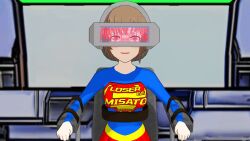 3d animated animated_gif blue_eyes blush breasts brown_hair closed_eyes corruption cosplay dc_comics female_only femsub glowing model_test_v2 open_mouth restrained short_hair sitting skirt solo supergirl tech_control text visor