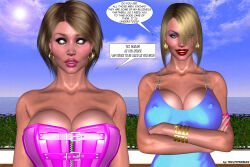 3d blonde_hair blue_eyes bracelet cleavage clothed collarbone corset dialogue dress earrings english_text erect_nipples_under_clothes expressionless eyeshadow female_only femdom femsub forced_employee hair_covering_one_eye hot_paradise hypnoman lipstick multiple_girls nail_polish open_mouth prostitution short_hair smirk speech_bubble text white_skin