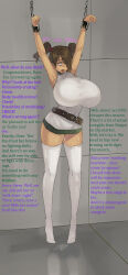 absurdres arms_above_head bondage brain_drain breasts caption chains drool empty_eyes eye_roll femsub huge_breasts lily_(radiata_stories) maledom manip muneneko pussy_juice radiata_stories t323_(manipper) tears text thighhighs tongue tongue_out twintails