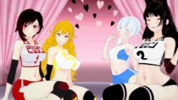  3d animated animated_eyes_only animated_gif austinrose78 black_hair blake_belladonna blonde_hair glowing_eyes gym_uniform happy_trance multiple_girls multiple_subs red_hair ruby_rose rwby story tagme weiss_schnee white_hair yang_xiao_long 