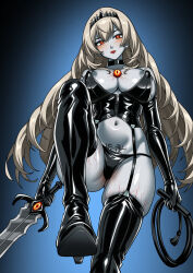 blonde_hair blue_background character_request cleavage corruption crotch_tattoo expressionless female_only femsub grey_skin hadant kantai_collection lipstick long_hair midriff orange_eyes red_lipstick simple_background solo sword tagme tattoo whip