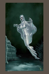 breasts dreampaintloon drone female_only floating ghost halloween large_breasts latex nipples open_mouth original rubber shiny_skin simple_background  solo