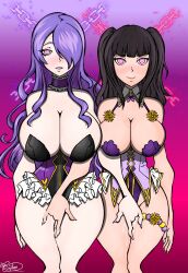  bare_legs black_hair breasts camilla_(fire_emblem_fates) cleavage female_only femsub fingering fire_emblem fire_emblem_awakening fire_emblem_fates gradient_background hair_covering_one_eye happy_trance huge_breasts large_breasts long_hair masturbation mental_chains multiple_girls multiple_subs nintendo orphan2 purple_hair pussy_juice ring_eyes signature simple_background smile tharja very_long_hair 