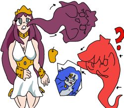 apple bare_legs blue_eyes blue_hair body_swap breasts cleavage clothed confused donnothing23 dress empty_eyes eris_(saint_seiya) eye_color_change femdom femsub goddess grey_eyes kneeling lipstick long_hair makeup malesub original possession saint_seiya saori_kido shochi_(donnothing23) shoes simple_background symbol tongue tongue_out white_background 