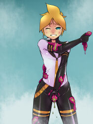  aware blonde_hair blue_hair body_control corruption embarrassed empty_eyes headphones len_kagamine male_only malesub masturbation parasite penis penis_milking radeon resisting short_hair solo vocaloid 