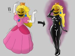 alternate_costume arrow aura azureemmi before_and_after blonde_hair bodysuit clothed costume crown dress earrings female_only femsub gloves grey_background hypnotic_mask latex living_costume long_hair mask nintendo phanto possession princess princess_peach red_eyes saluting simple_background standing_at_attention super_mario_bros. super_mario_bros._wonder