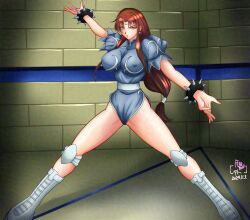 bangs blue_background bottomless brown_hair capcom chun-li cuffs earrings erect_nipples erect_nipples_under_clothes expressionless eyeshadow female_only femsub knee_pads large_breasts leotard long_hair makeup microchip red_eyes signature simple_background solo street_fighter street_fighter_ii_v tech_control tsukikage_teto